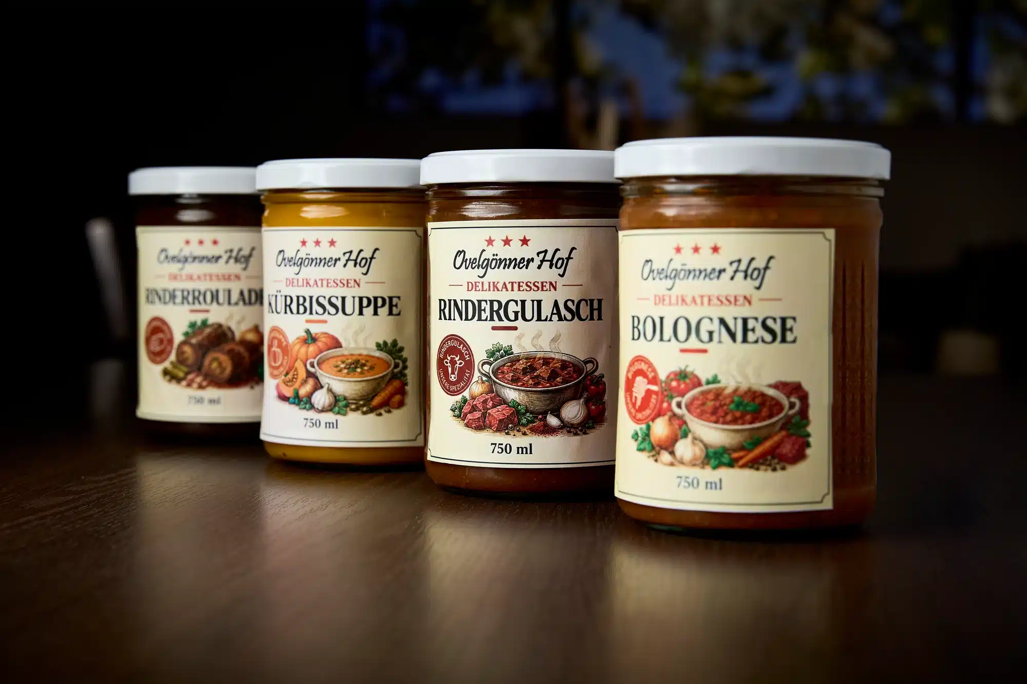 Vier Gläser Ovelgönner Hof Delikatessen: Rinderrouladen, Kürbissuppe, Rindergulasch und Bolognese
