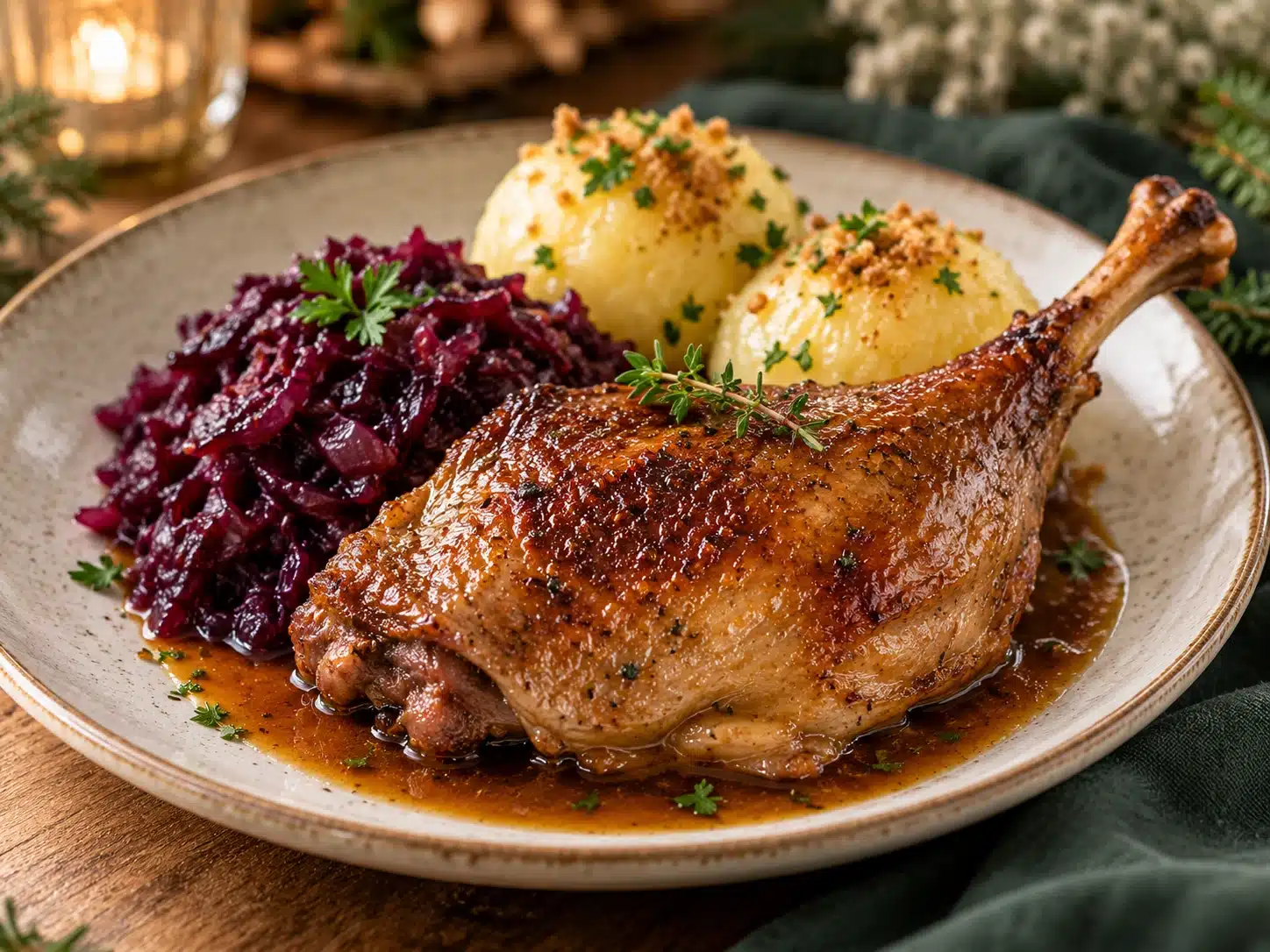 Gänsekeule mit Rotkohl und Kartoffelklößen